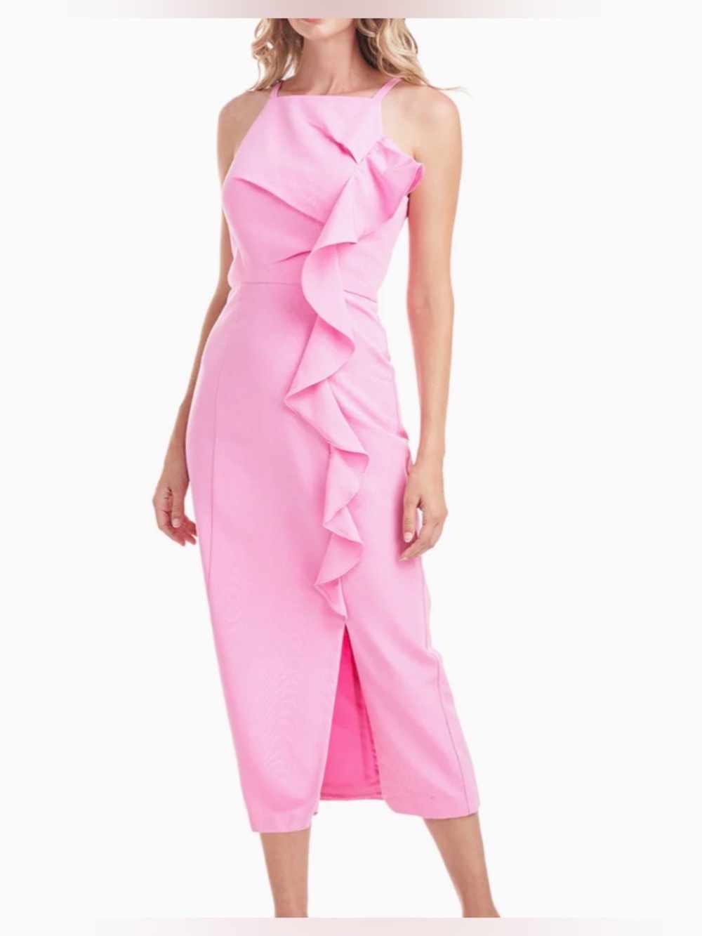 NEW Kay Unger Nellie sleeveless Pink Ruffle Sheath Midi Dress size 10